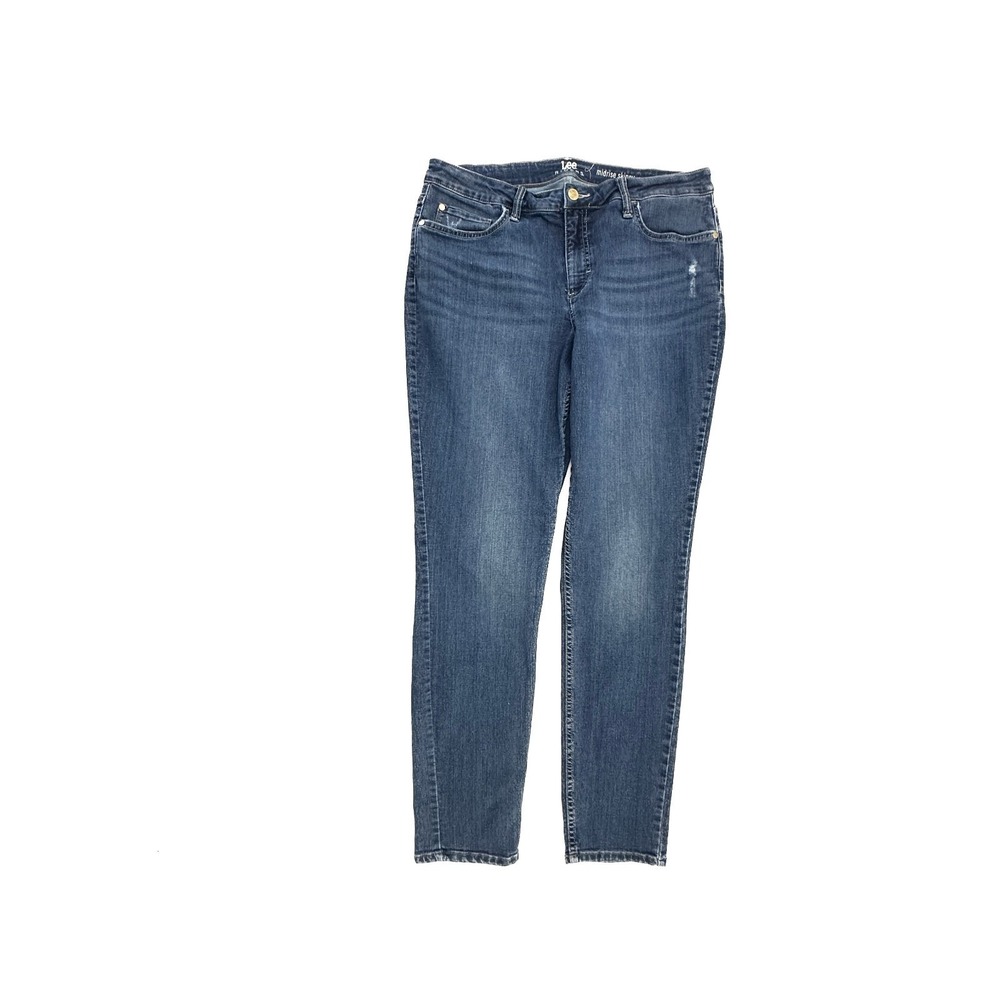 Lee Mid Rise Skinny Distressed Women's size 14 Long Dark Wash Blue Denim Jeans
